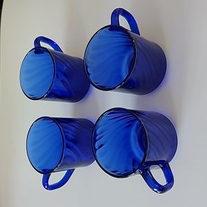 S/4 Vintage Arcoroc France Cobalt Blue Swirl Glass Mugs